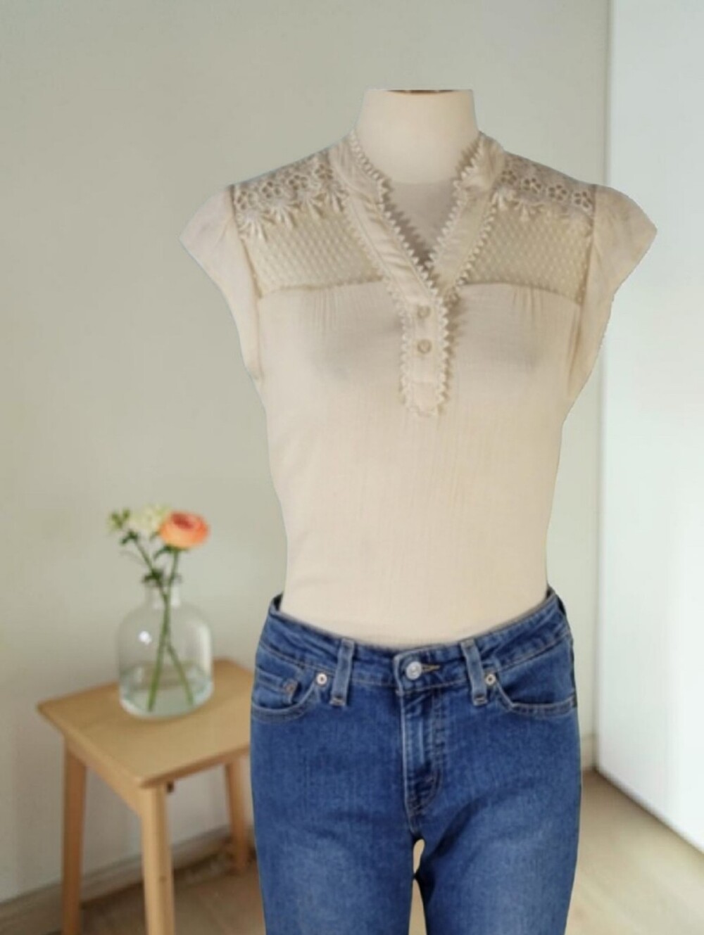 Miss Daisy Semi-Sheer Lace Yoke Blouse  Feminine Cottagecore Top Womens M